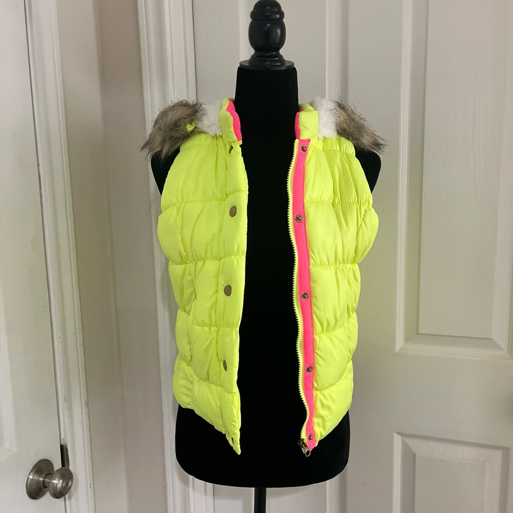 Girls' Neon Yellow Puffer Vest with Pink Zip Placket